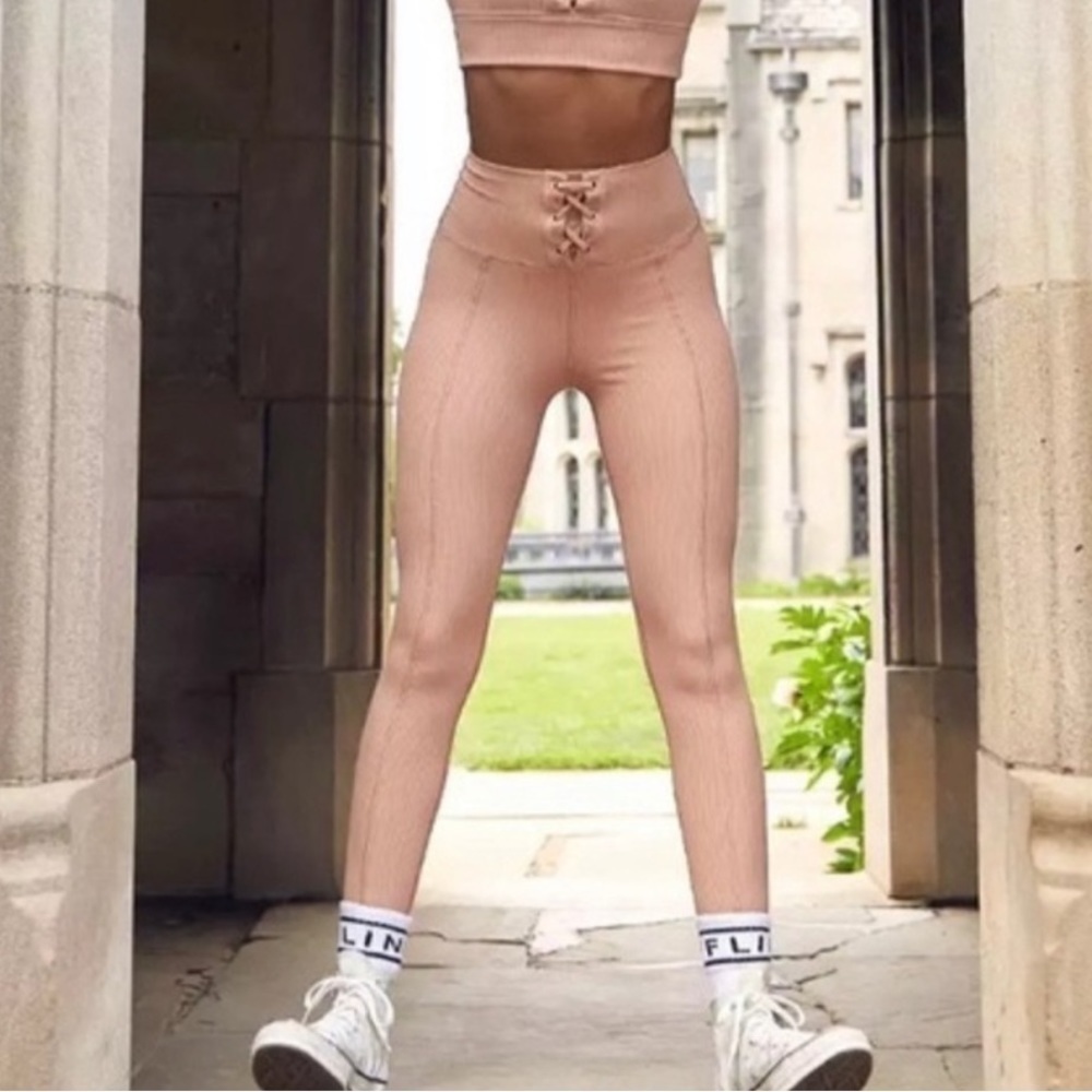 OFFLINE Ribbed High Waisted Lace Up Legging - Tan